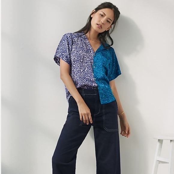ANTHROPOLIGIE TINY POSTCARD CONTRAST COLOR BUTTON DOWN TOP SIZE SMALL - Picture 1 of 14
